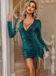 Glamaker Deep V Neck Drawstring Ruched Glitter Bodycon Dress