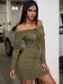 Solid Ruched Tie Front Bardot Dress