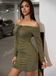 Solid Ruched Tie Front Bardot Dress