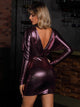 Double Crazy Plunging Neck Batwing Sleeve Metallic Bodycon Dress