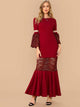 Mesh and Guipure Lace Insert Fishtail Hem Dress