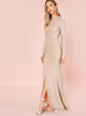 Open Back Split Hem Glitter Prom Dress
