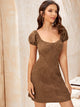 Sweetheart Neck Corduroy Fitted Dress Without Belt