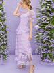 Puff Sleeve Ruffle Trim Embroidered Mesh Overlay Dress
