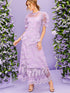 Puff Sleeve Ruffle Trim Embroidered Mesh Overlay Dress