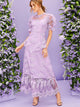 Puff Sleeve Ruffle Trim Embroidered Mesh Overlay Dress