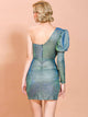 Missord One Shoulder Gigot Sleeve Glitter Wrap Dress