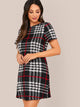 Short Sleeve Curved Hem Plaid Dress