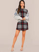 Short Sleeve Curved Hem Plaid Dress
