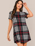 Short Sleeve Curved Hem Plaid Dress